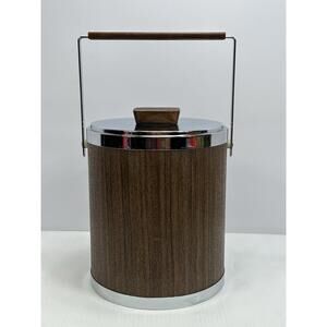 Vintage KROMEX USA 1960s Ice Bucket Wood Grain Chrome Metal  Wood Handle‎ Knob